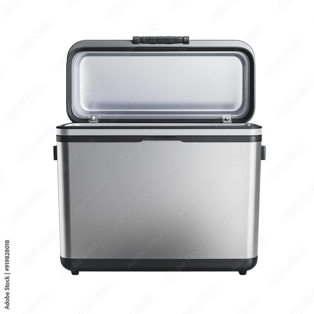PNG Portable cooler with a silver finish designed for outdoor activities and picnics, showcasing a spacious interior and convenient lid PNG Portable cooler with a silver finish designed for outdoor activities and picnics, showcasing a spacious interior and convenient lid