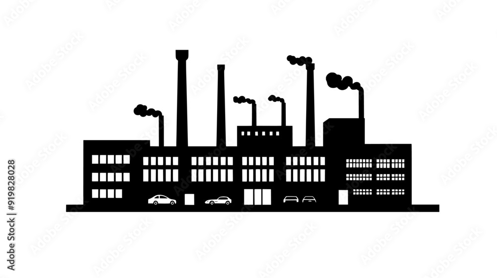 Building with flat roof, several tall smokestacks, and parking spaces, vector illustration art Building with flat roof, several tall smokestacks, and parking spaces, vector illustration art