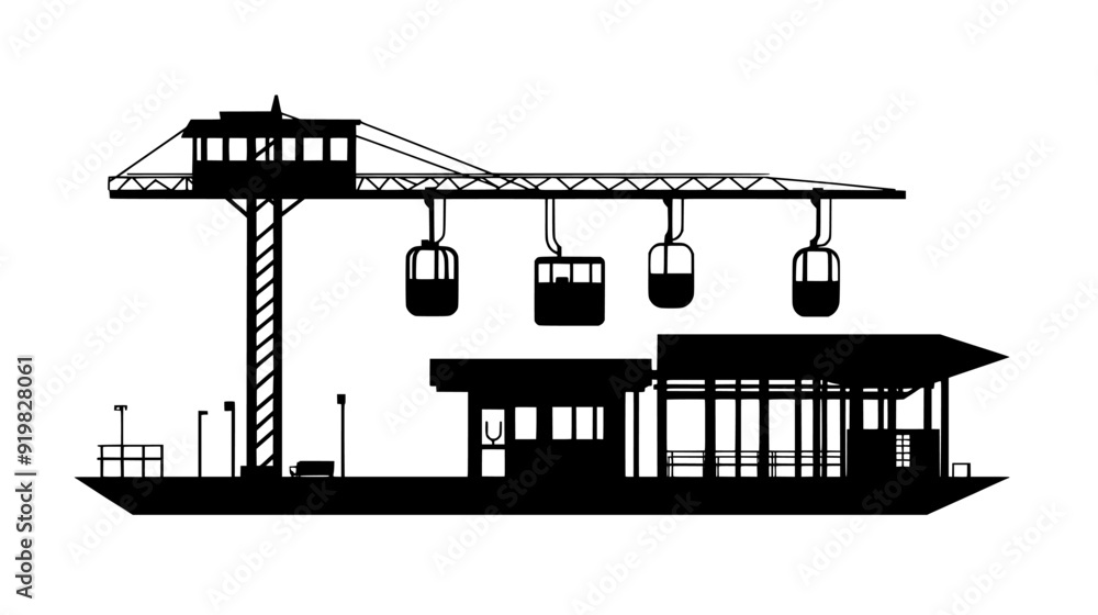 Obraz premium Cable car station with a platform, cable track system, mechanical pulleys, and a control cabin structure, vector illustration art
