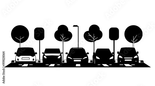 Car rental center parking lot with several rental cars in designated parking spaces, vector illustration art