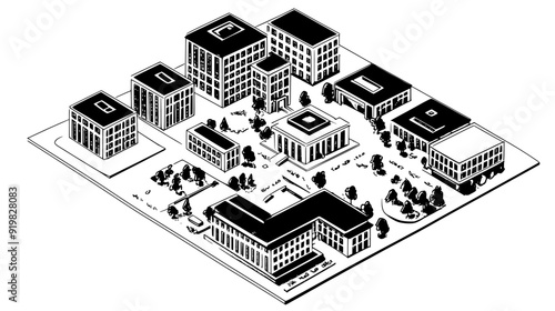 Campus layout with interconnected buildings and a central library, vector illustration art