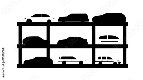 Cars arranged in an orderly fashion within a multi-level parking garage, including structural support elements, vector illustration art