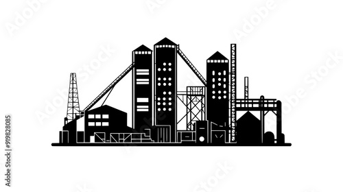 Cement plant with silos, mixing drums, and a series of conveyor belts transporting materials, vector illustration art