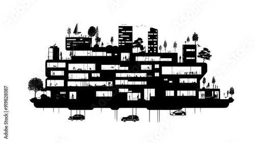 Cascading terraced buildings with integrated transport systems and energy-efficient designs, vector illustration art