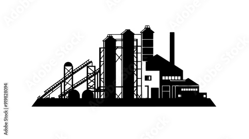 Cement plant with silos, mixing drums, and a series of conveyor belts transporting materials, vector illustration art