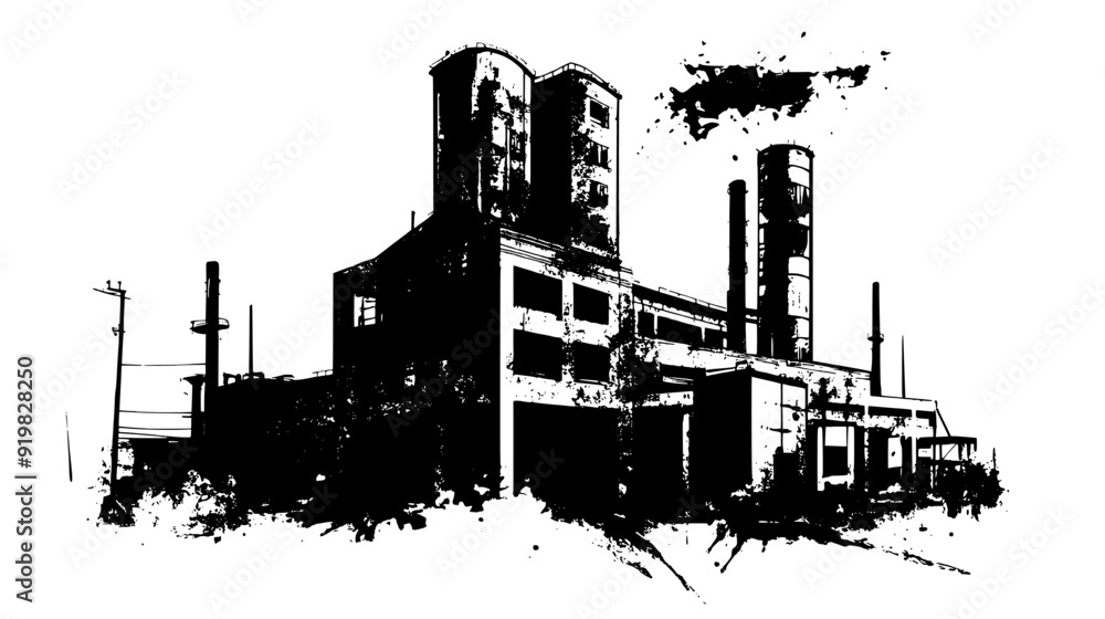 Obraz premium Derelict factory with crumbling brickwork and rusted metal frames, vector illustration art