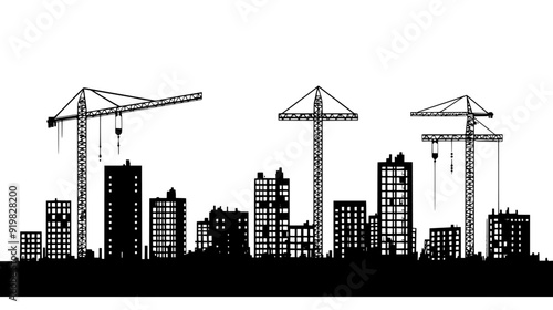 Construction cranes and partially completed buildings within an expanding urban area, vector illustration art