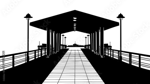 Covered walkways connecting the terminal building to the docking piers, vector illustration art