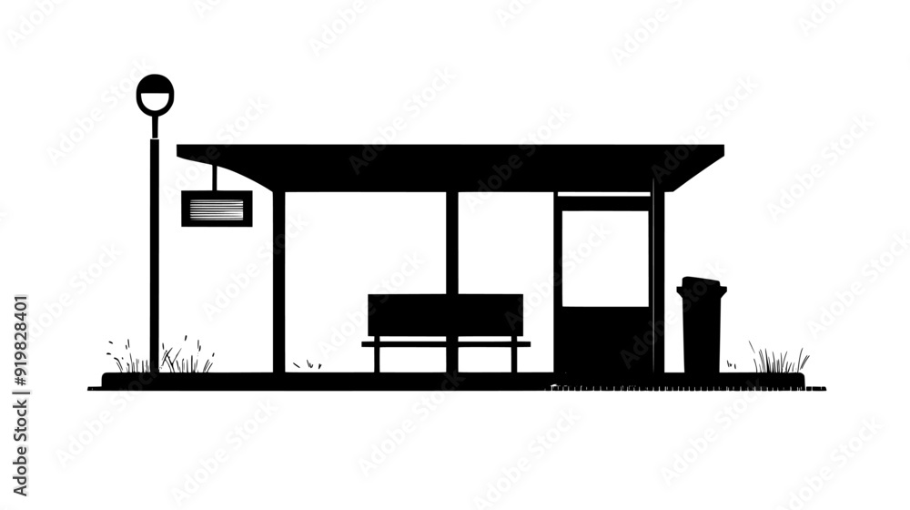 Empty tram stop with platform, signpost, tram tracks, covered seating area, and a trash bin beside, vector illustration art Empty tram stop with platform, signpost, tram tracks, covered seating area, and a trash bin beside, vector illustration art
