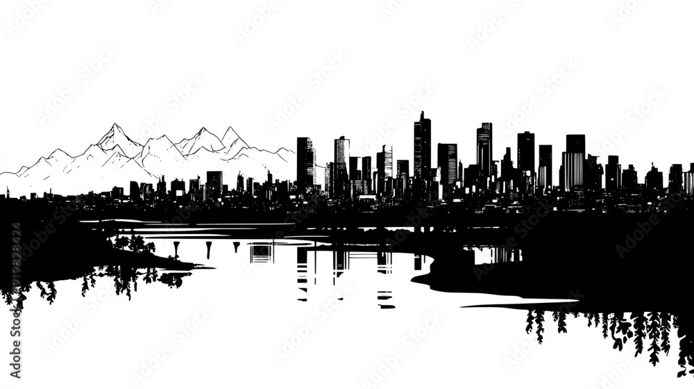 Urban panorama with structures, major river, and mountain peaks, vector illustration art Urban panorama with structures, major river, and mountain peaks, vector illustration art