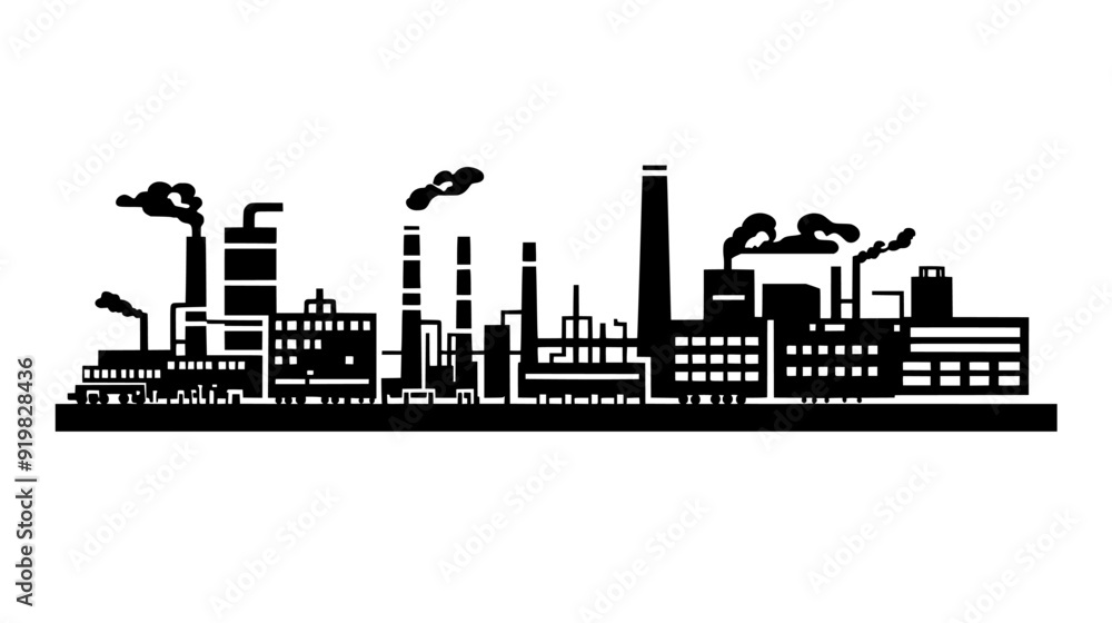 Factory with large smokestacks, expansive warehouse space, and numerous loading docks, vector illustration art Factory with large smokestacks, expansive warehouse space, and numerous loading docks, vector illustration art