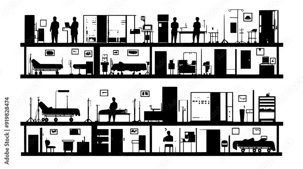 Obraz premium Healthcare complex with diagnostic labs, operating rooms, and patient wards in separate sections, vector illustration art