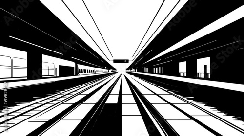 Empty passenger platforms with trains stationary on parallel tracks, vector illustration art
