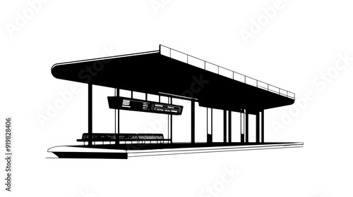 Elevated monorail station with an extended platform, rail tracks, electronic sign, and metal canopy overhead, vector illustration art