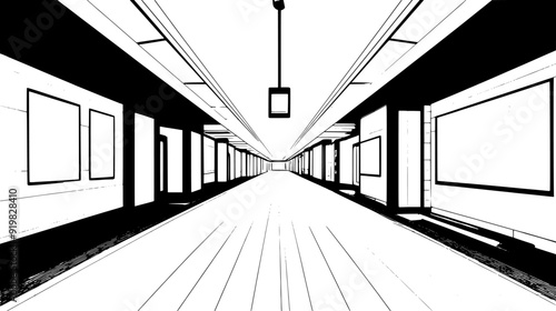 Empty subway platforms with walls featuring route maps and advertisements, vector illustration art