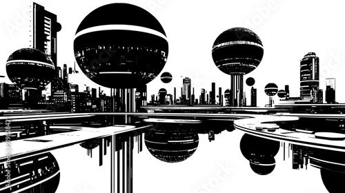Elevated spherical structures linked by tubes and skywalks above a multi-layered urban grid, vector illustration art