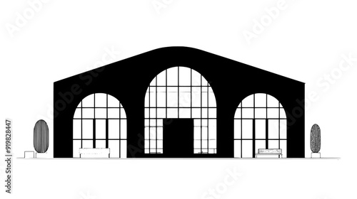 Former industrial building repurposed with original brickwork and large, arched entryways preserved, vector illustration art