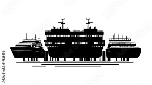 Ferries docked at multiple piers within the ferry terminal, vector illustration art