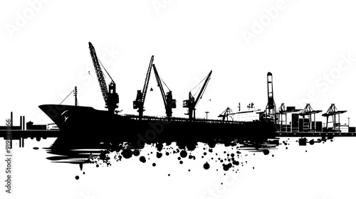 Harbored freighters at the pier, with cranes and loading equipment spread throughout the port area, vector illustration art
