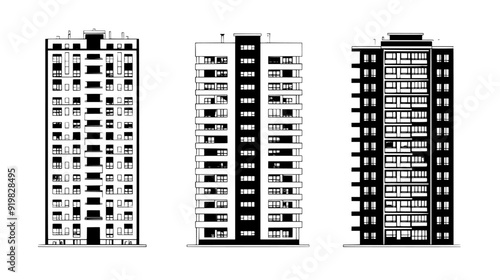 High-rise apartment buildings, each with a series of balconies and large, evenly spaced windows, vector illustration art