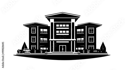 Hotel with multiple floors, a grand entrance, and a driveway for guest drop-off and pick-up, vector illustration art