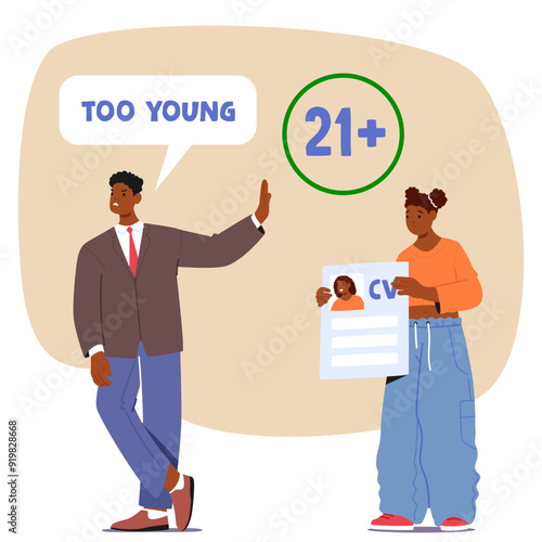 Young Job Applicant Character Being Turned Away Due To Age Discrimination. The Recruiter Highlights 21 Plus Requirement