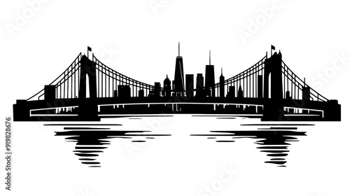 Iconic bridge spanning a large river with city buildings on both sides, vector illustration art