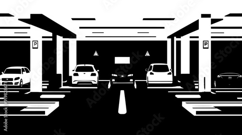 Interior of a car rental facility featuring numerous parked rental vehicles in designated spots, vector illustration art
