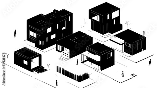 Interconnected, prefabricated modules forming an adaptable urban environment with interchangeable components, vector illustration art
