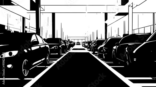 Interior of a car rental facility featuring numerous parked rental vehicles in designated spots, vector illustration art