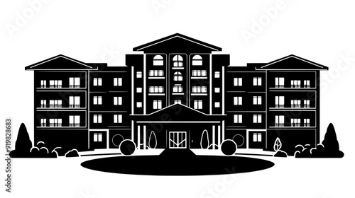 Hotel with multiple floors, a grand entrance, and a driveway for guest drop-off and pick-up, vector illustration art