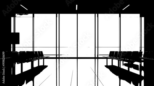 Interior of the terminal with rows of benches and large windows, vector illustration art