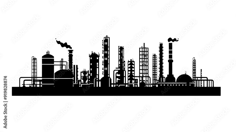 Oil refinery with a series of tanks, pipelines, and distillation columns in a vast compound, vector illustration art Oil refinery with a series of tanks, pipelines, and distillation columns in a vast compound, vector illustration art
