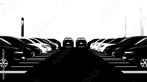 Numerous rental cars parked in rows within a car rental facility, showing clear signage, vector illustration art