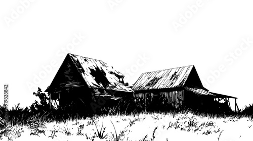 Neglected farm buildings with collapsing roofs and overgrown surroundings, vector illustration art