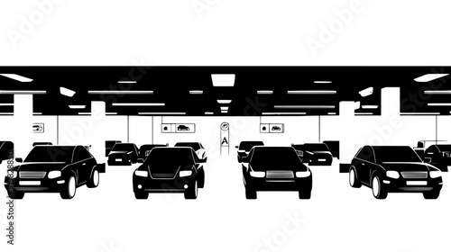 Numerous rental cars parked in rows within a car rental facility, showing clear signage, vector illustration art