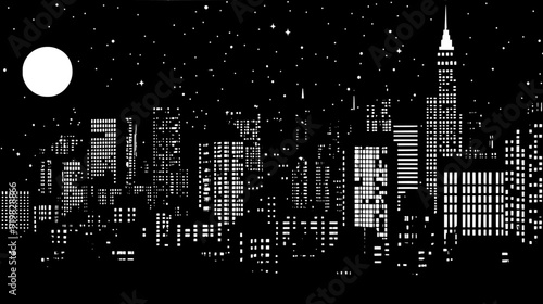 Nighttime cityscape with illuminated buildings and roads, highlighting a vibrant urban center, vector illustration art