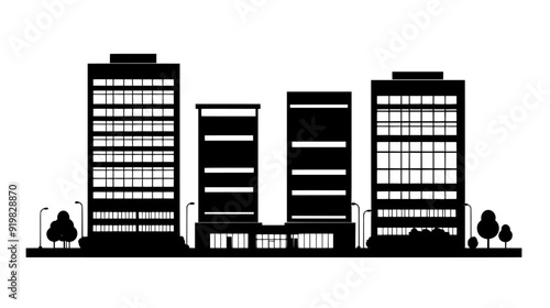 Office buildings with large glass facades and multiple floors, located in a bustling business district, vector illustration art