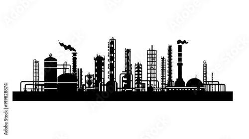 Oil refinery with a series of tanks, pipelines, and distillation columns in a vast compound, vector illustration art