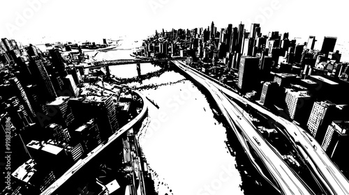 Overhead shot of a city, highlighting organized building layouts, a major river, and several bridges, vector illustration art