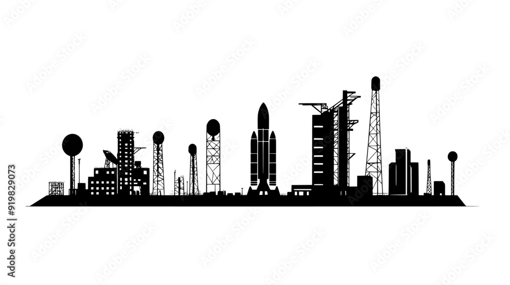 Spaceport featuring a large launch pad, supporting infrastructure, control building, and rocket assembly area, vector illustration art Spaceport featuring a large launch pad, supporting infrastructure, control building, and rocket assembly area, vector illustration art