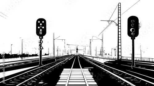 Rail switches and signals at the junction near the train station, vector illustration art
