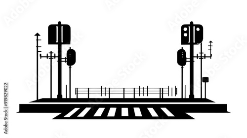 Rail switches and signals at the junction near the train station, vector illustration art