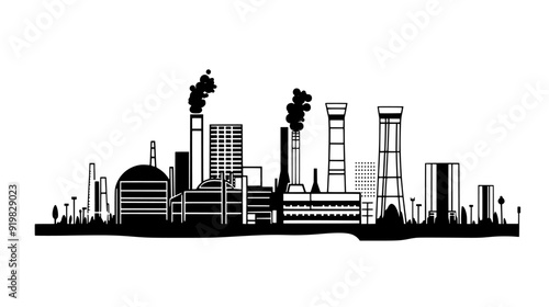 Power plant with cooling towers, a network of pipes, and a series of large buildings, vector illustration art
