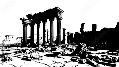 Remnants of a once-grand palace with eroded columns and collapsed roof sections, vector illustration art