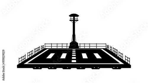 Rooftop helipad with marked landing area, safety barriers, wind sock, and lighting equipment for visibility, vector illustration art