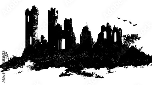 Ruined castle with partially collapsed towers and walls, surrounded by overgrown grounds, vector illustration art