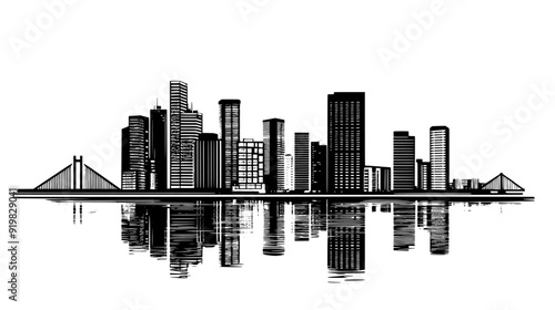 Row of skyscrapers near a waterfront, with a bridge visible and various urban buildings nearby, vector illustration art