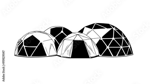 Interlinked geodesic domes providing temporary living and communal spaces, vector illustration art