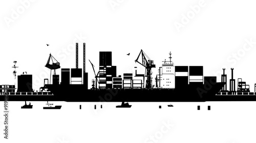 Shipping vessels moored beside the quay, surrounded by numerous stacked shipping containers and industrial equipment, vector illustration art